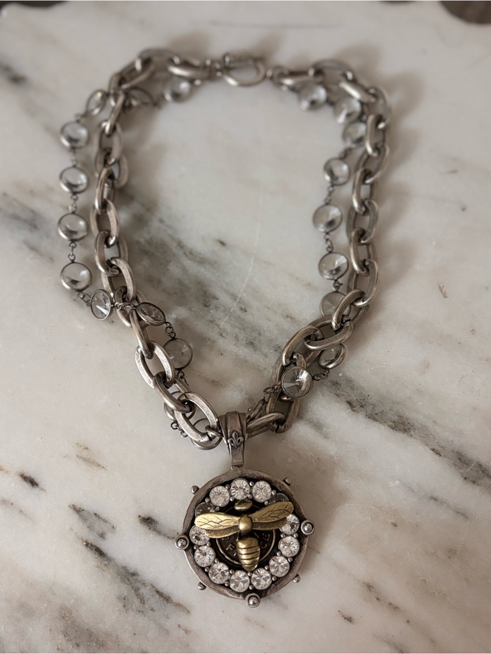 French Kande Lea Mixed Metal Bee Pendant Necklace with Crystal Accents $429